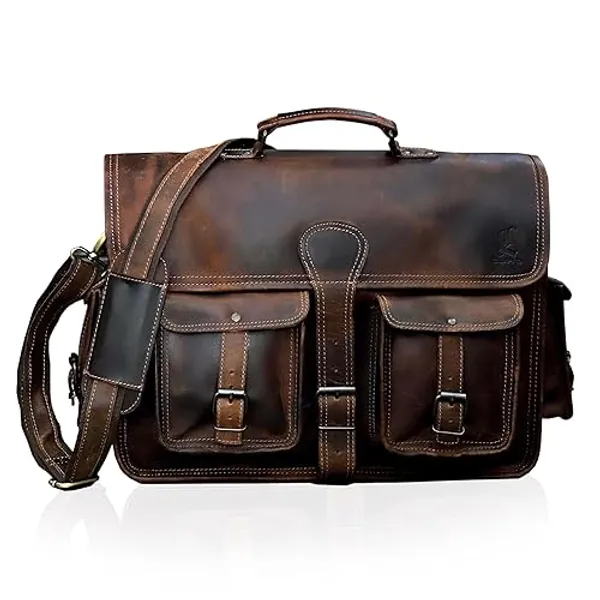 cuero Leather Briefcase Work Bag for Men Women Dark Brown Crossbody Genuine Leather Satchel Office Bag for Men Women 18 Inch Computer Travel Messenger Laptop Shoulder Bag Cureo - 18 Inch
