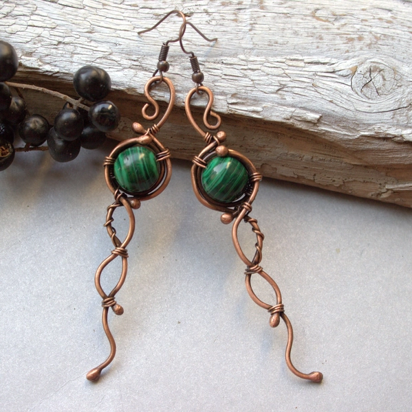 Copper Spiral earrings Malachite earrings Unique earrings Gift for women Copper jewelry Handmade Gift for her Boho earrings Wire woven