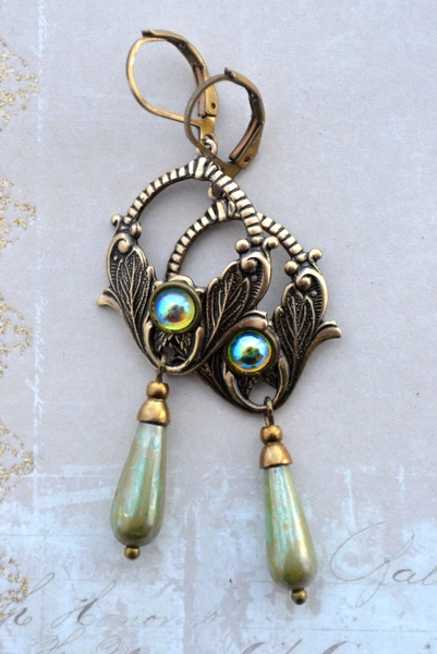 Art Nouveau, Art Deco Green Glass Drop Earrings, Antiqued Brass Floral Earrings