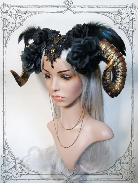 Ram Horn Headdress ( Gold, Roses, Goth , Fantasy, Headpiece )