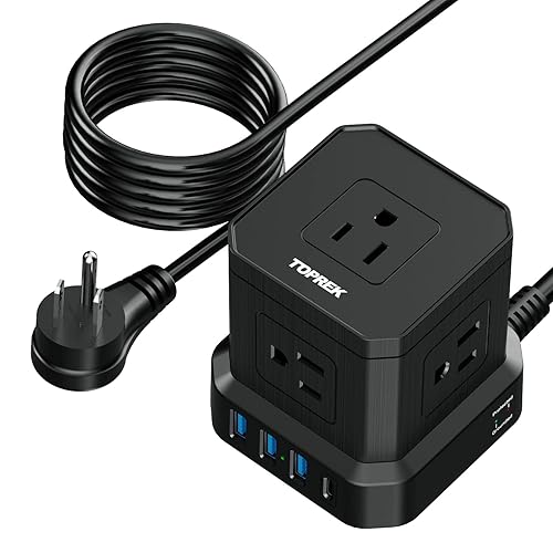 Power Strip with USB-C (3.0A), TOPREK Power Strip Surge Protection (700J), 10 FT Extension Cord with 5 AC & 4 USB, Portable Travel Power Strip for Office, Dorm, Hotel, Compact Desk Charging Station - Black