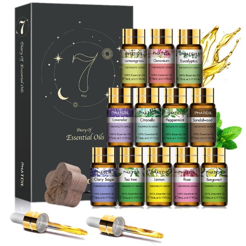 Ätherische Öle Set 12 x 5 ml, PHATOIL Duftöl Set für Diffuser 100% Reines Natürliches Bio, Aromatherapie Öle Geschenkset Lavendel Sandelholz Zitrone Bergamotte Teebaum Geranium Citronella - TOP 12
