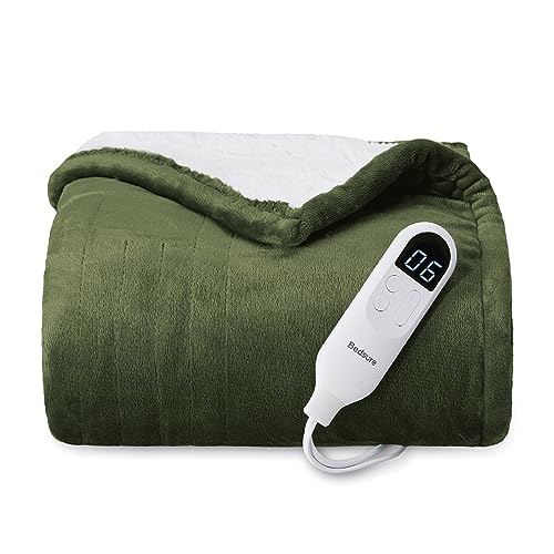 Bedsure Heated Blanket Electric Throw - Soft Flannel Electric Blanket, Heating Blanket with 4 Time Settings, 6 Heat Settings, and 3 hrs Timer Auto Shut Off (50x60 inches, Olive Green) - 01 - Olive Green - Throw