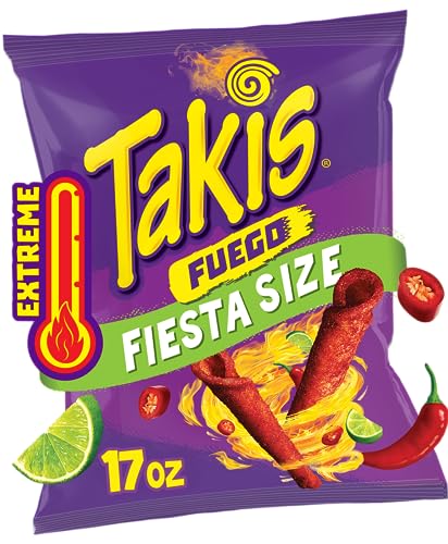 Takis Fuego 17 oz Fiesta Size Bag, Hot Chili Pepper & Lime Flavored Extreme Spicy Rolled Tortilla Chips - Fuego - 1.06 Pound (Pack of 1)