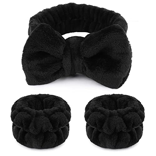 WSYUB Makeup Headbands, 1pcs Black Spa Headband Fluffy Bow Tie Headband Microfiber Face Headband, and 2Pcs Wrist Spa Wash Band Absorbent Wristbands, for Washing Face Skin Care - Black