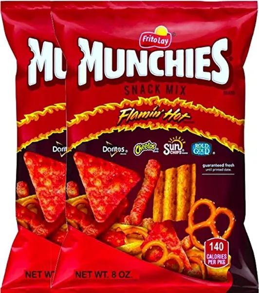 NEW Munchies Flaming’ Hot Snack Mix Doritos, Cheetos, Sun Chips, Rold Gold Net Wt 8 Oz. (2)