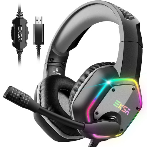 EKSA E1000 USB Gaming Headset for PC - Computer Headphones with Microphone/Mic Noise Cancelling, 7.1 Surround Sound Wired Headset & RGB Light - Gaming Headphones for PS4/PS5 Console Laptop