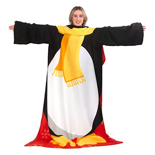 Snug Rug Christmas Penguin Fleece Blanket with Sleeves, Black/White - Penguin