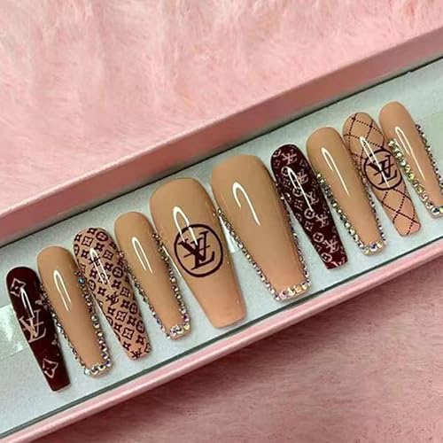 JUSTOTRY 24 Pcs Coffin Press on Nails Long with 3D Rhinestone Diamond,Brown French False Nails Patterns, Ballerina Stick on Nails for Women,Acrylic Ballet Fake Nails Medium for Nail Art - Brown &Swirl2