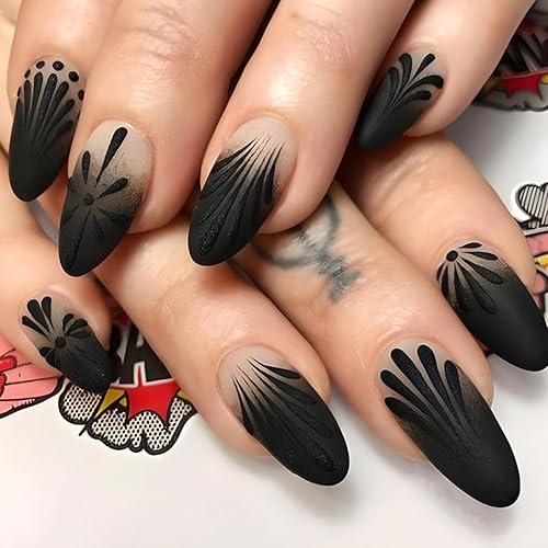 Black 3D Stripes Press on Nails Fake Nails Almond Medium,Aqinmony with Designs False Nails Almond Medium, French Tip Full Cover Glue on Nails Almond Medium, Glossy Acrylic Thick Stick on Nails Medium For Women 24Pcs FD016-B7 - Black 3d Stripes Fd016-b7