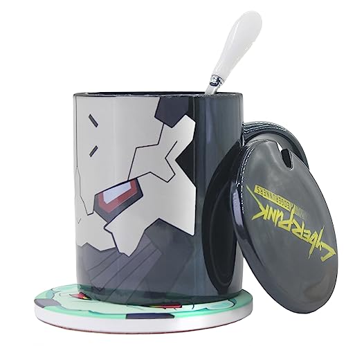 PPGOD Edgerunners: 16 oz Anime Mugs Adam Smasher mug & Rebecca coasters black Coffee Cup set (Black Cup Ceramic Coasters Lid Spoon) - Black Cup Ceramic Coasters Lid Spoon