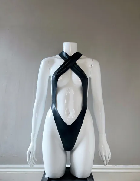 Latex Criss Cross Adjustable Strap One Piece Bodysuit with Open Stomach and Back. | Custom Made