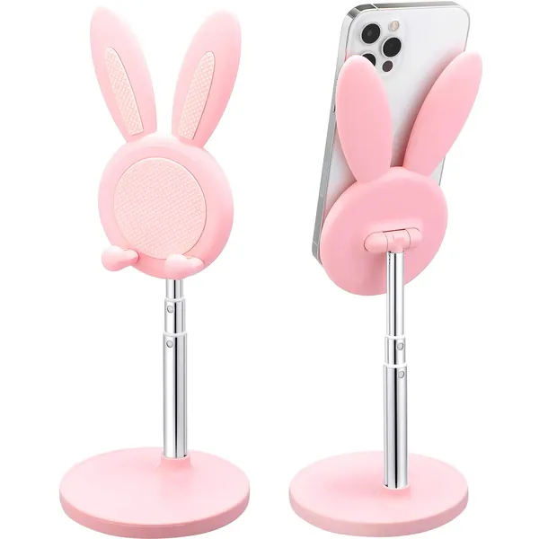 Weewooday Cute Bunny Phone Holder Desktop Cell Phone Holder Stand Height Angle Adjustable Phone Stand Compatible with Most 4-12.9 Inch Mobile Phone or Tablet (Pink)