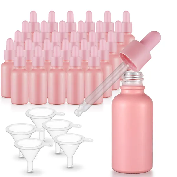 Pink Coated Glass Bottles for Essential Oils with Glass Eye Dropper 30 ml (1oz) for Essential Oils, Chemistry Lab Chemicals, Colognes & Perfumes- Pack of 30 …