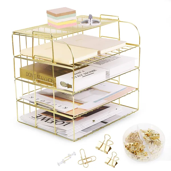 Stackable Paper Tray Organizer Desk File Organizer, 4 Tier Desk Organizers and Accessories(Gold)
