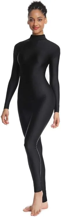 OVIGILY Adult High Neck Long Sleeve Unitard for Women Bodysuit - Black