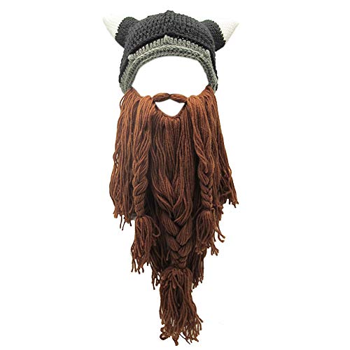 Xinqiao Men’s Viking w/Fake Beard Beanie Handmade Knit Funny Hats Pillager Horned Caps - One Size - Coffee Beard