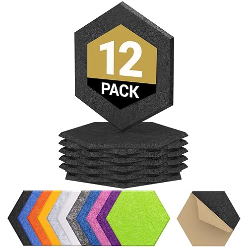 12 Pack Hexagon Acoustic Panels Self-adhesive, TONOR 30x26x0,9cm High Density Sound Proof Panels for Walls, Sound Deadening Insulation Treatment Sound Absorbing Padding for Studio, Office, Home, Black - 12 pack - Black