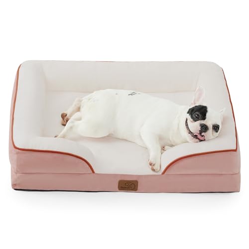 Bedsure orthopädisches Hundebett Ergonomisches Hundesofa - 71x58 cm Hundecouch mit eierförmiger Kistenschaum für kleine Hunde, waschbar rutschfest Hundebetten, rosa - L 71 x B 58 x H 17 cm - Rosa