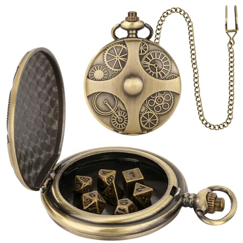 Mini-DND-Würfel Set mit Bronzefarbenen Steampunk-Zahnrad-Taschenuhrgehäuse, 7-teiliges D&D-Würfelset aus Polyedrischem Metall, Dungeons and Dragons-Geschenke, Rollenspiel-Brettspielzubehör - Gear Muster