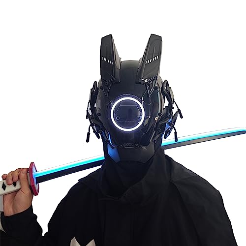 JAUPTO Techwear Mask Punk Mask Helmet,LED Light Cool Samurai Mask,Halloween Cosplay Anime mask - White