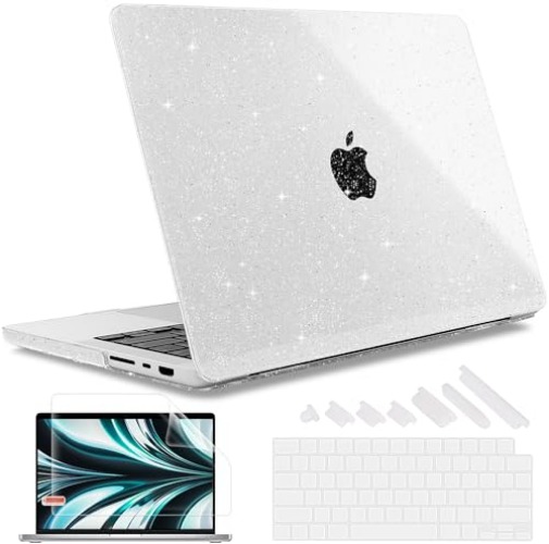 May Chen Compatible with MacBook Pro 14 inch Case 2023 2022 2021 Release M3 A2918 A2992 M2 A2779 M1 A2442 Pro/Max, Plastic Hard Shell Case with Keyboard Cove, Clear Glitter Sparkle - Clear Glitter