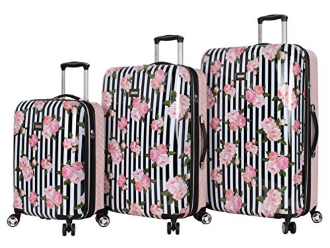 Betsey Johnson Designer Luggage Collection - Expandable 3 Piece Hardside Lightweight Spinner Suitcase Set (Stripe Roses) - Stripe Roses
