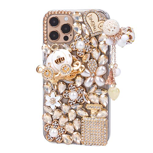 iFiLOVE Bling Case, Girls Women 3D Luxury Sparkle Glitter Diamond Crystal Rhinestone Pumpkin Car Charm Pendant Protective Case Cover for iPhone 13 Pro Max 6.7 inch (Champagne) - Champagne - For iPhone 13 Pro Max