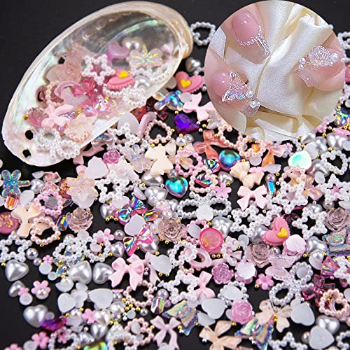500Pcs Assorted Pearls 3D Nail Charms Pink Multi Shapes Heart Flower Bowknot Nail Charms Mix Heart Star Bows Round White Pearls Nail Beads Charms for Manicure DIY Crafts Jewelry Accessories - S1-pink white
