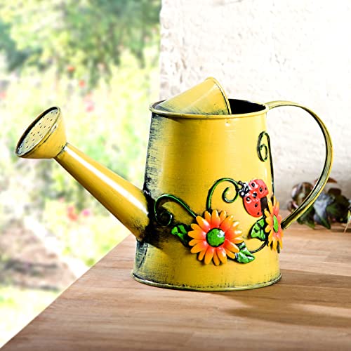 Decorative Sunflower & Ladybug Metal Watering Can (Vol: 4 Cups) | Small Yellow Watering Can | Garden Décor Housewarming Gift for Mother Women Friends Gardeners - Small