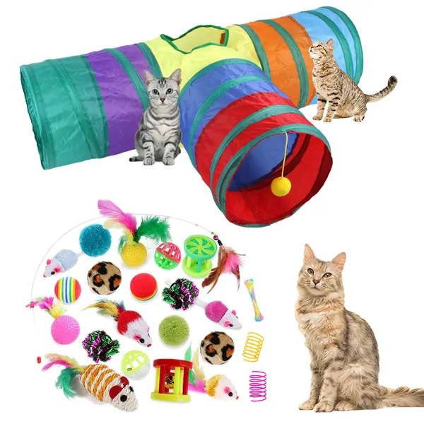 24Pcs Cat Toys Kitten Interactive Pet Toys Assortments, Foldable Rainbow S-Tunnel, Cat Feather Teaser, Wand Interactive Feather Toy, Fluffy Mouse, Crinkle Balls, Bell Play for Cat, Puppy, Kitty, Kitten