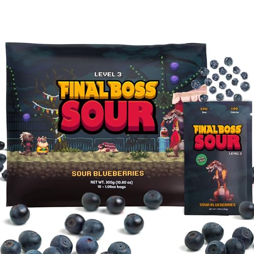 Final Boss Extremely Super Sour Candy, Natural Chewy Blueberry Gummies Made with Dried Fruit, Free of Artificial Colors, Low Calorie Healthy Snack for Kids & Adults, 1.06oz, 10 Pack (LvL 3 Sourness) - Blueberry Level 3
