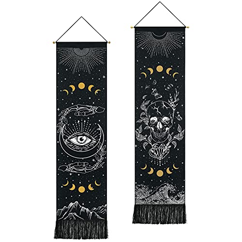 Uspring 2 Pack Skull Tapestry Moon Phase Tapestries Stars Starry Tapestry Black and Gold Tapestry Psychedelic Tapestry Wall Hanging for Room (12.8 x 51.2 inches) - Skull+Moon - 12.80" x 51.20"