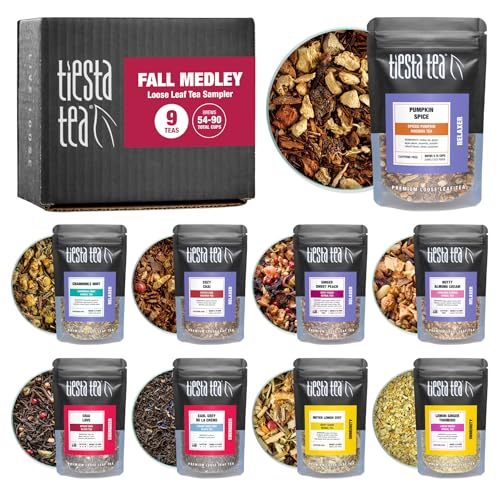 Tiesta Tea - 9 Fall Teas Sampler Dry Flight Set | Caffeine Free Hot & Iced Tea | Loose Leaf Tea Variety with Pumpkin Spice, Chamomile Mint, Lemon Zest, Cozy Chai, Earl Grey - 9 Resealable Sample Pouch - Fall Medley Sampler