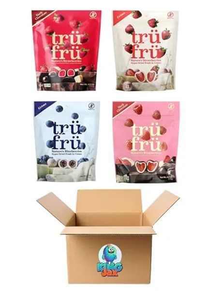 Tru Fru Freeze Dried Chocolate Covered Fruit - 4 flavor Variety Pack (4.2 oz bags) Trufru Chocolate Covered Strawberries & Raspberries, Peaches in Creme & Tru Fru Strawberries in Creme, true fruit