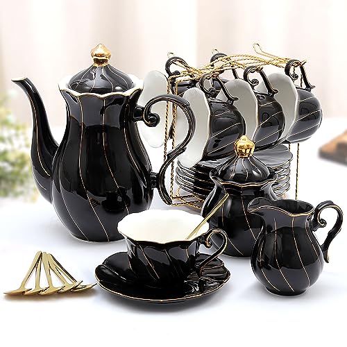DUJUST 22 pcs Black Porcelain Tea Set for 6, Luxury British Style Tea/Coffee Cup Set with Golden Trim, Beautiful Tea Set for Women, Tea Party Set, Gift Package (Including a Stand) - Elegant Black