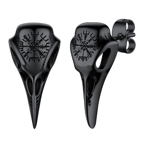 FaithHeart Raven Stud Earrings for Women Men, Stainless Steel Punk Gothic Norse Viking Crow Ear Studs with Delicate Gift Packaging - 02. Compass-Black