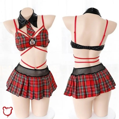 Red Plaid Skirt Set - With stockings / One Size