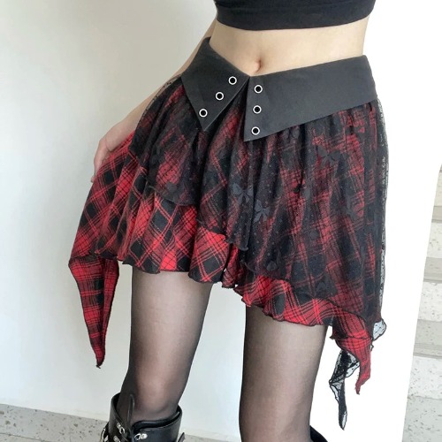 'The Light' Black and Red Plaid Skirt - Red / S