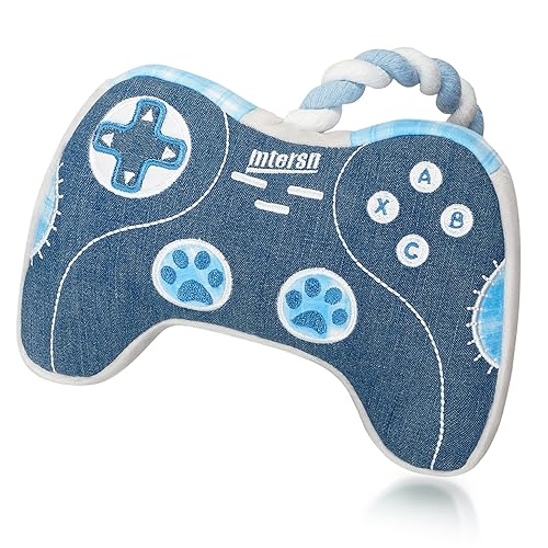 MTERSN Dog Squeaky Toys : Cute Plush Dog Toy with 3 Squeakers and Interactive Dog Rope Toy with Full Crinkle Paper - Funny Game Controller Shaped Pet Toys for Puppy, Small, Medium Dogs (Denim) - Denim