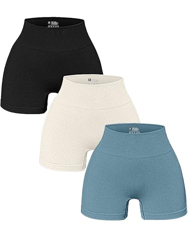 OQQ Women's 3 Piece Yoga Ribbed Seamless Workout High Waist Athletic Legging Shorts - Small - Black Beige Blue