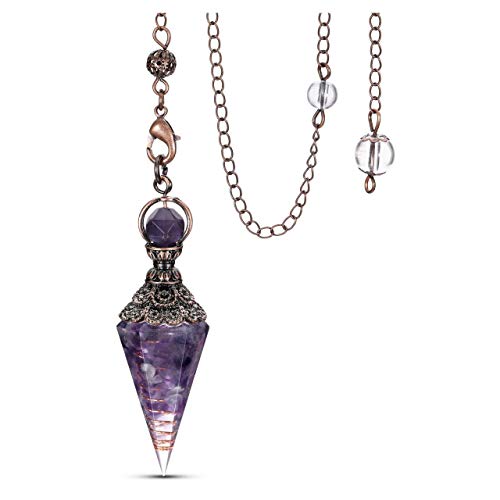 Jovivi Amethyst Healing Crystal Pendulums for Dowsing Divination 6 Facted Hexagonal Pointed Cone Resin Chip Stones Reiki Wicca Spritual Gemstone Chakra Energy Pendant with Chain - Bronze - Amethyst