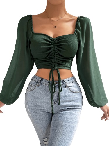 SheIn Dames buikvrij bovendeel doorzichtige mouwen crop top lange mouwen harthals tops met trekkoord