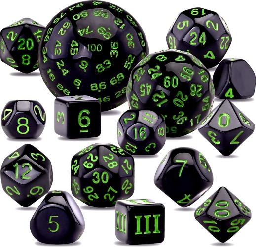 DollaTek 15 Stuks Complete Polyhedral Dice Set D3-D100 Game Dice Set voor Rollenspel Tafel Games Zwart en Groen