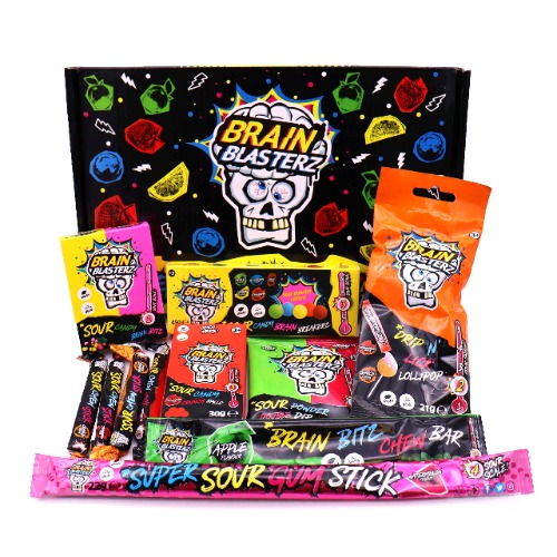 Brain Blasterz Zure Snoepjes Behandeldoos, Hard Sour Candy, Brain Breakerz, Brain Bitz, Chew Bars, Appel, Aardbei, Watermeloen, Cola & Meer, Verjaardagscadeau Cadeau, Halloween snoepgoed