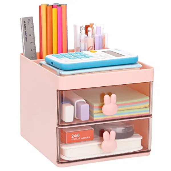 LETURE Small Desk Organizer With Drawer, Office Desktop Storage Box, Business Card/Pen/Pencil/Mobile Phone/Stationery Holder Storage Box, Makeup Organizer for Office School Home (Pink)
