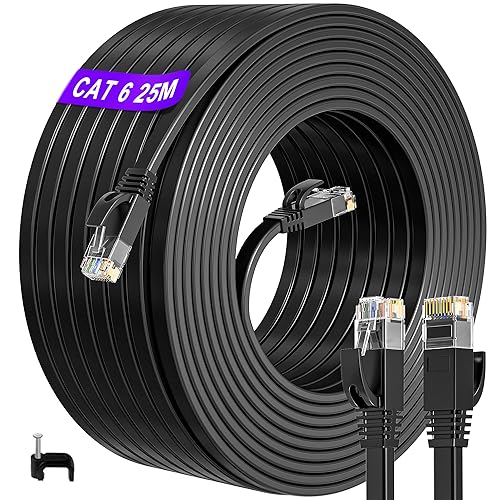 ikbc Flat Ethernet Cable 25m, Cat 6 LAN Cable 10/100/1000Mbps, Thin Gigabit Internet Cable Black, High Speed Patch Cord Than Cat5e/Cat5, Waterproof RJ45 Network Cable for Router, PS4/5 (25 Clips) - 25M