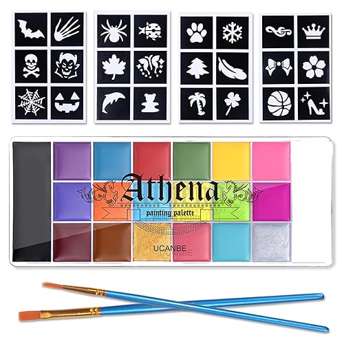 UCANBE Athena Face Body Painting Kit - 20 Color Large Deep Pan Paint, 24 Stencils, 2pcs Brushes, Professional Oil Based SFX Makeup Palette for Art, Theater, Halloween, Parties and Cosplay - Set #2