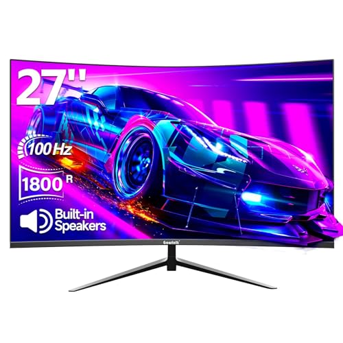 Gawfolk Curved Monitor 27 Zoll 100Hz, PC Bildschirm mit Lautsprecher 1080P, 1800R 75Hz Computerbildschirm mit Eye Care Technologie HDMI VGA, unterstützt VESA - 27 Zoll - 1K 100Hz Monitor - Schwarz