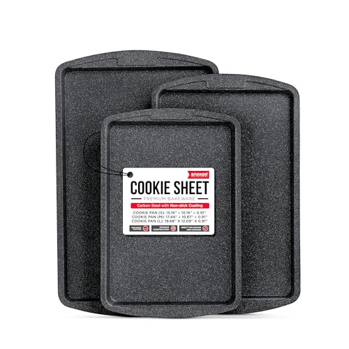 Bakken Swiss Cookie Sheet 3 Piece Set - Non-Stick, Stackable Baking Pans, Gray marble Deluxe Ceramic Coating – Dishwasher Safe - for Home Baking - 3 Piece Set - Gray Marble